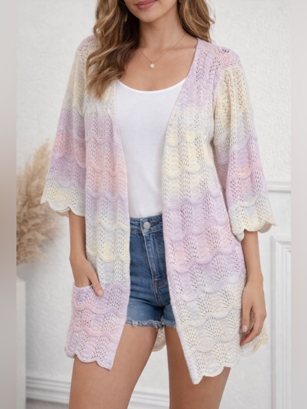 Pastel Rainbow Chevron Open Front Knit Cardigan